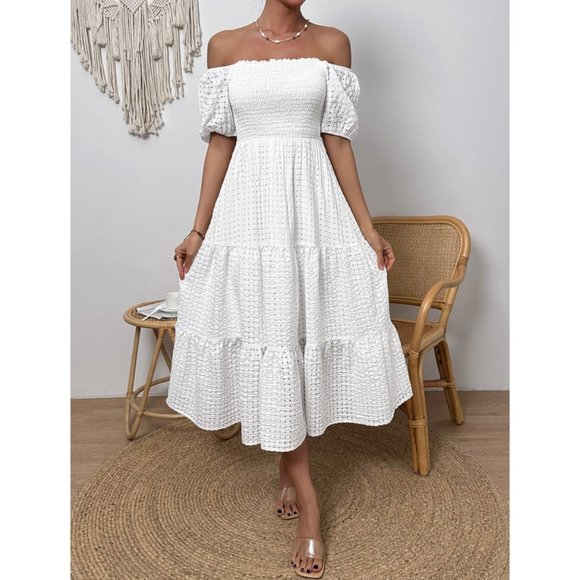 White Boho Off Shoulder Shirred Detail Puff Sleeve Ruffle Hem Maxi Dress - Picture 7 of 7